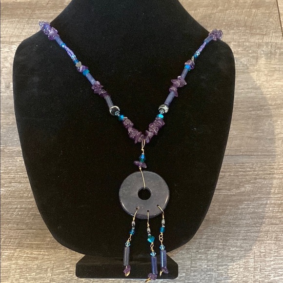 Handmade Jewelry - Amethyst Beaded Celestial Inspired Handmade Necklace with Circular Pendant